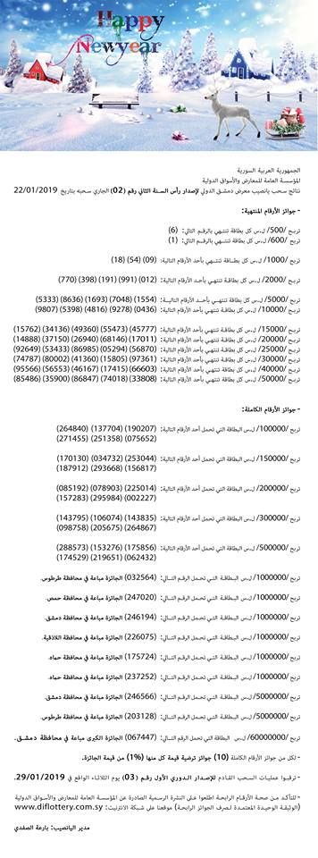 ((حقق حلمك)) ارقام البطاقات الرابحة في يانصيب معرض دمشق الدولي 22.01.2019رأس السنة الثاني رقم (02) اعرف نتيجة بطاقتك www.diflottery.com.sy
