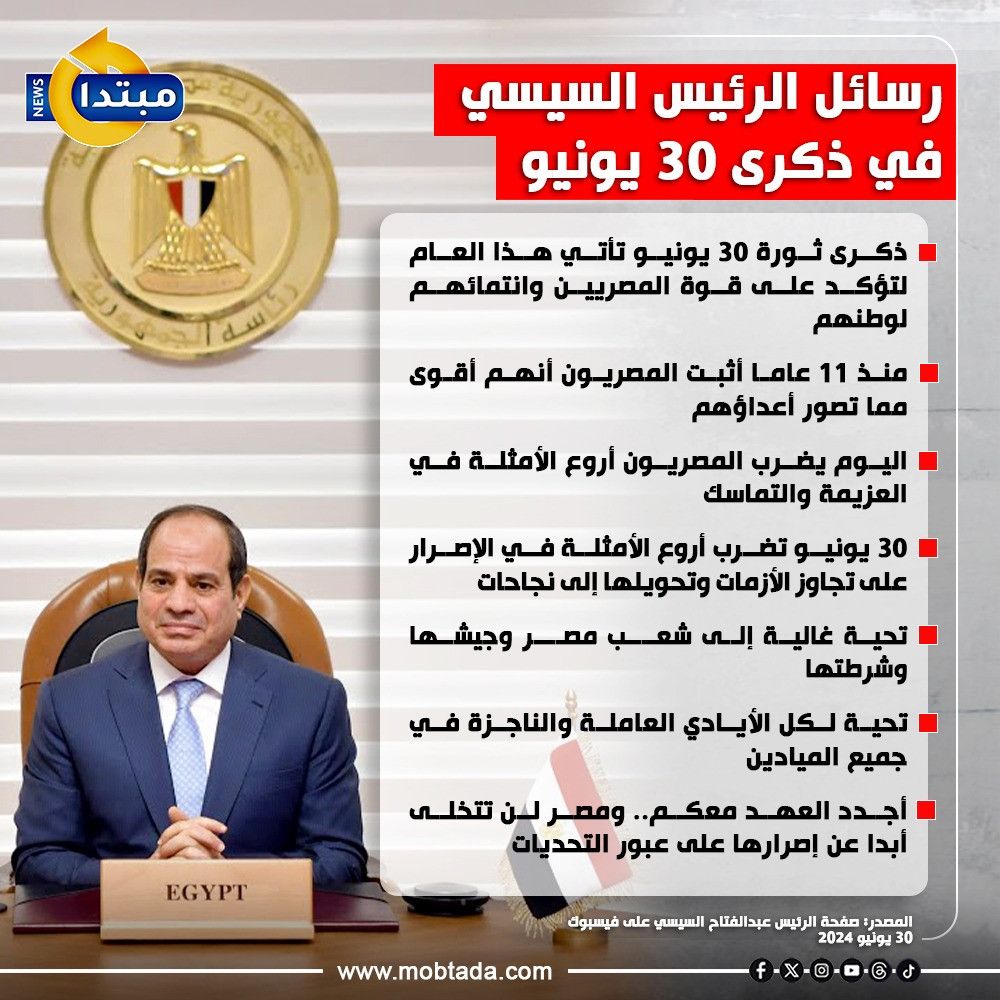 رسائل الرئيس السيسي في الذكرى الـ11 لثورة 30 يونيو (إنفوجراف)