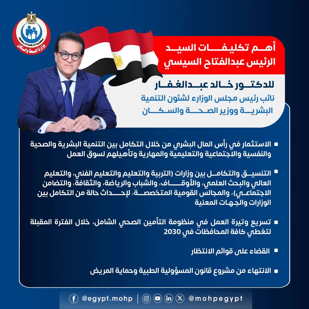 أهم تكليفات الرئيس لوزير الصحة خالد عبد الغفار.. الاستثمار في بناء الإنسان المصري