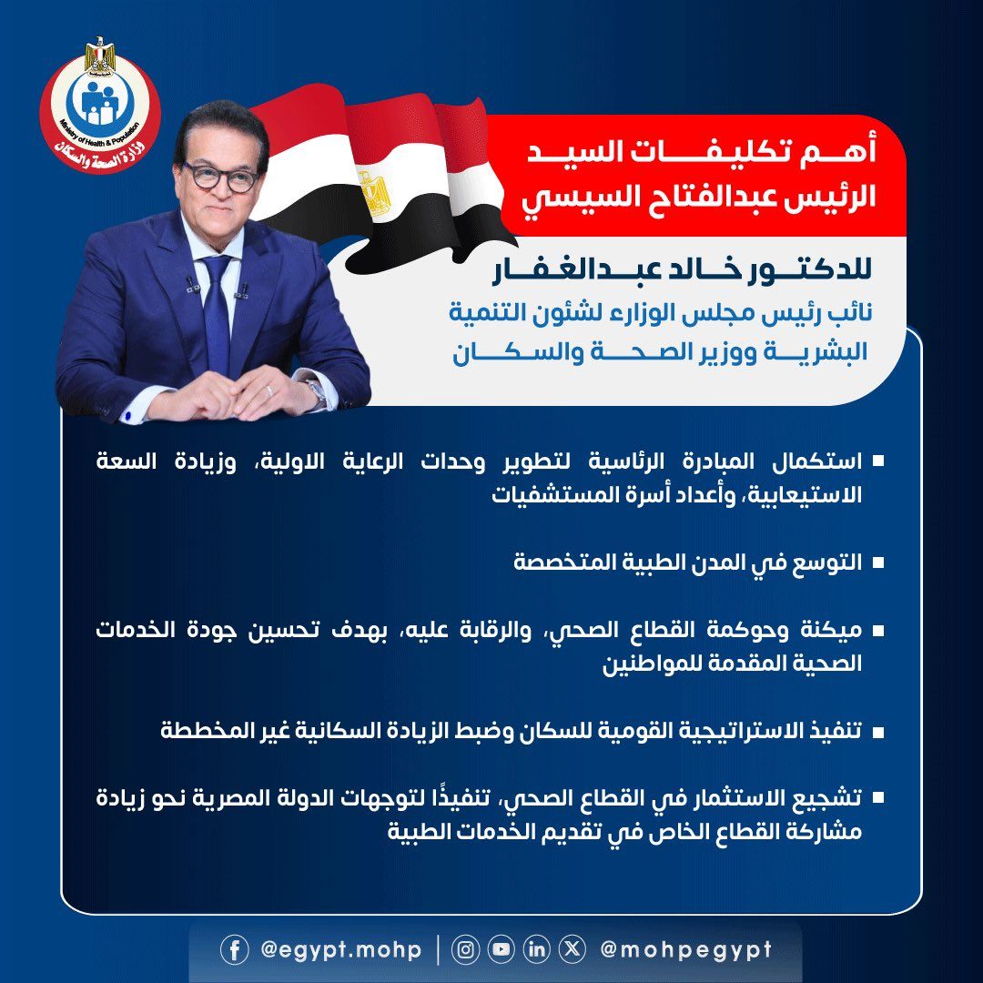 أهم تكليفات الرئيس لوزير الصحة خالد عبد الغفار.. الاستثمار في بناء الإنسان المصري