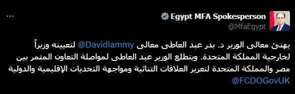 بدر عبدالعاطي يهنئ ديفيد لامي على تعيينه وزيرا لخارجية بريطانيا
