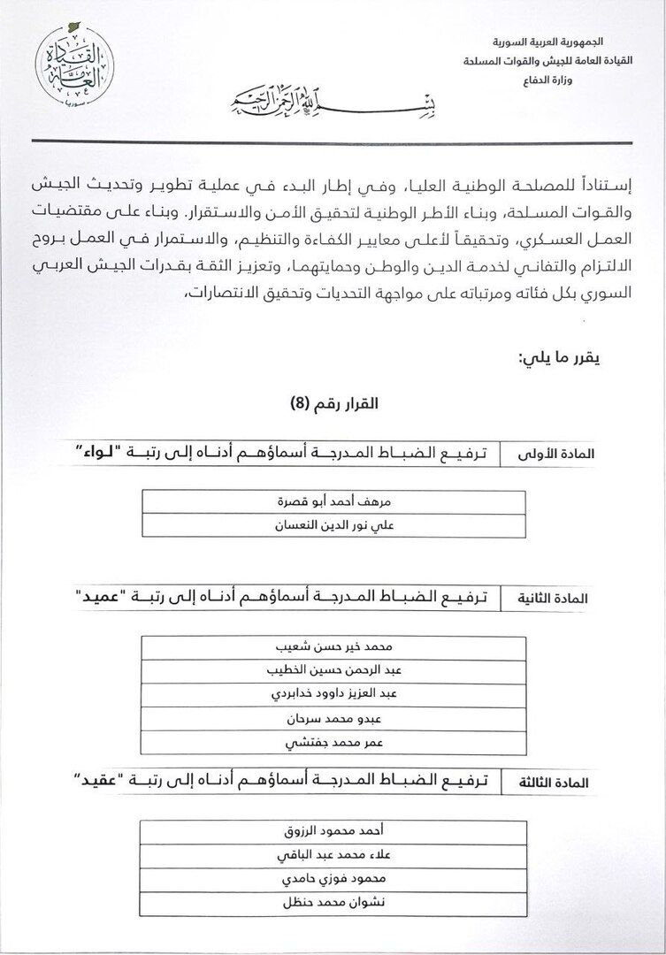 الشرع يمنح ترفيعات في الرتب لعدد من الضباط بينهم وزير الدفاع في...