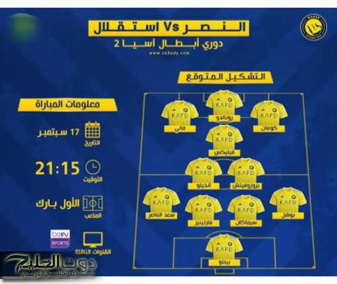 موعد مباراة النصر واستقلال دوشنبه والقنوات الناقلة للمباراة